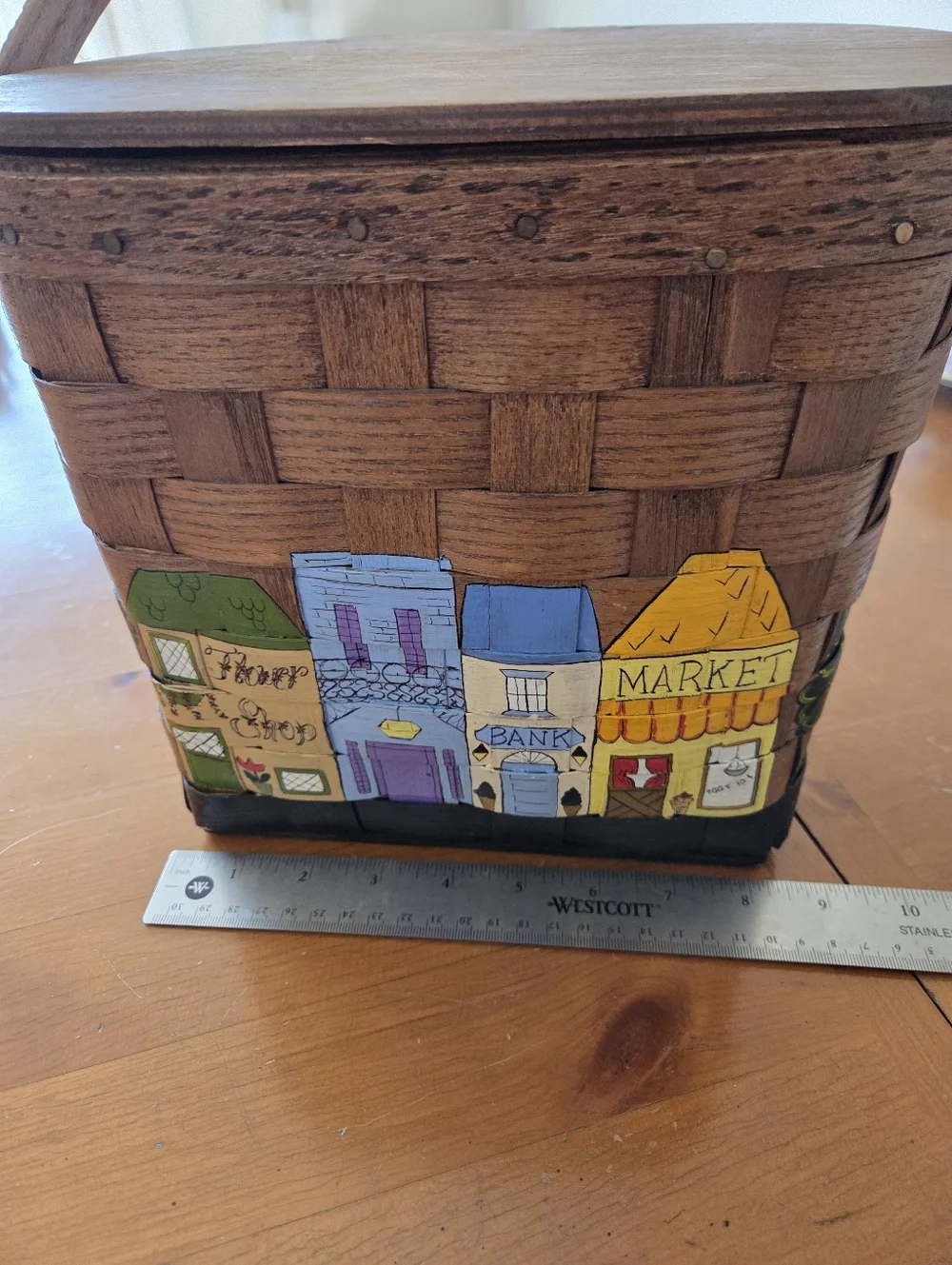 70's Hand-painted Woven Wood Basket Purse Lined In Calico And Has Brass Hinges